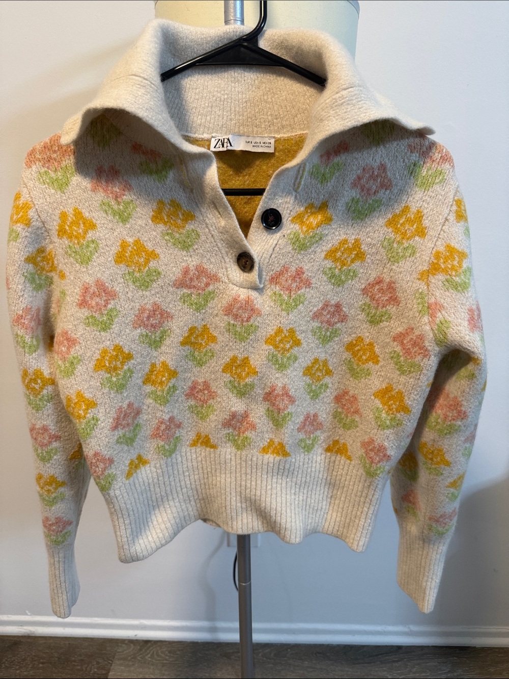 Zara Cream Collared Pullover with Yellow, Pink & Green Floral Motif